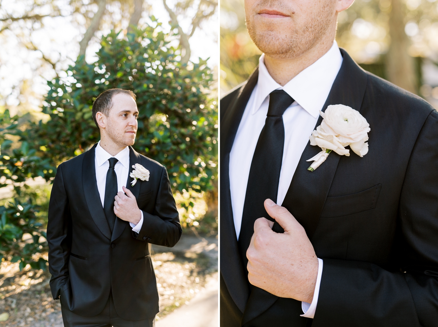 Groom wearing black suit with large white boutonniere 