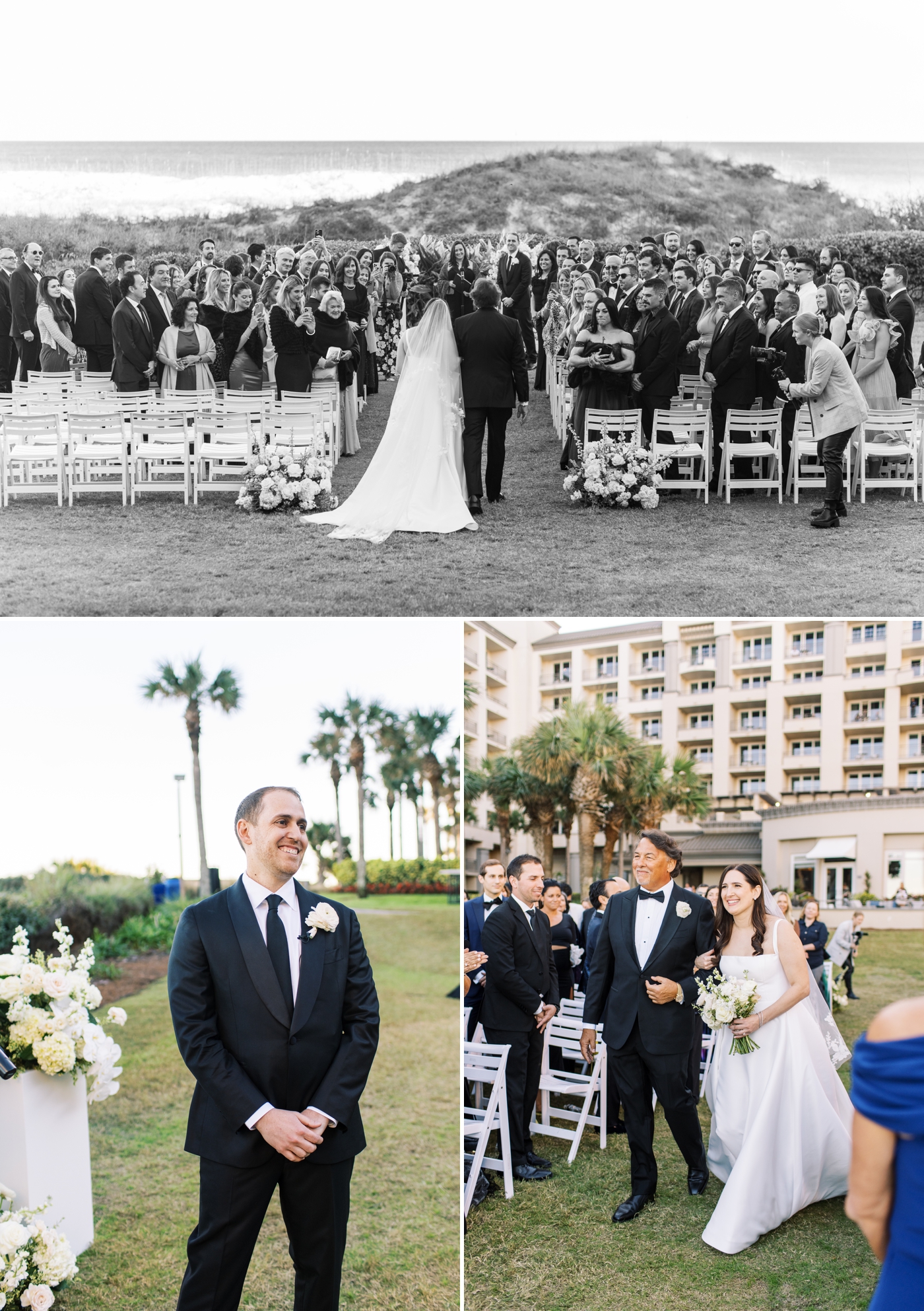 Bride and her dad walking down the aisle at her outdoor wedding ceremony at Ritz Carlton Amelia Island 