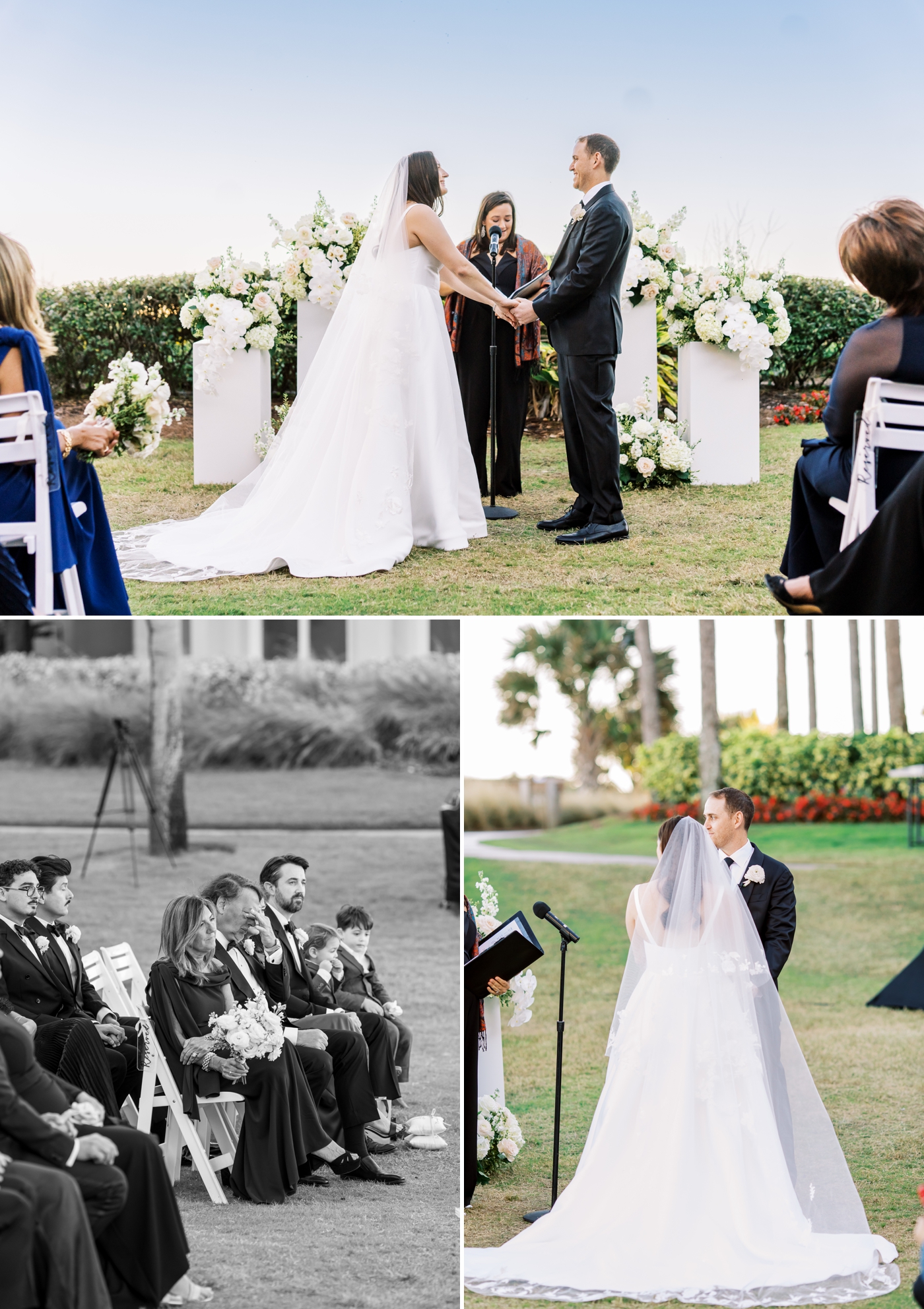 Bride and groom holding hands at the altar during their outdoor wedding ceremony at Ritz Carlton Amelia Island