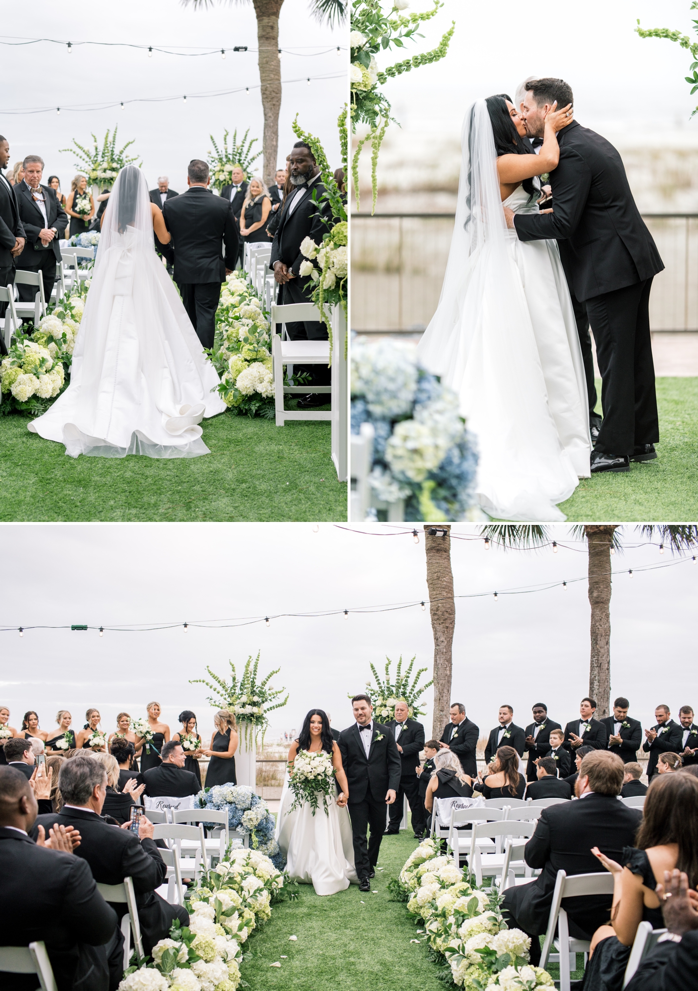 Bride and groom recessing down the aisle holding hands 