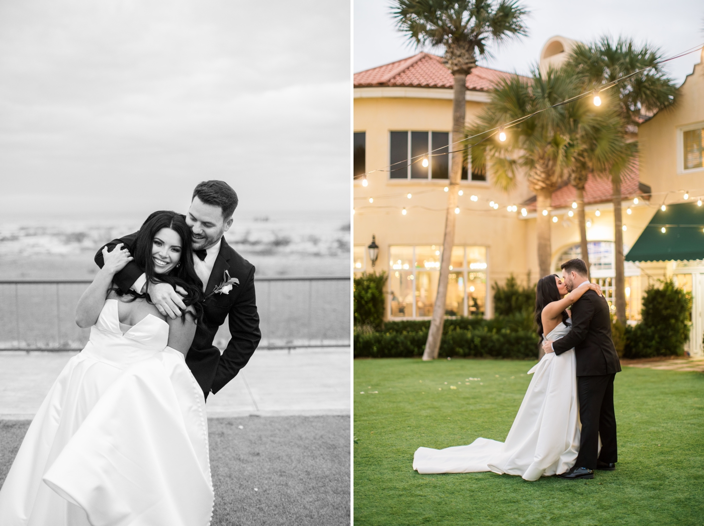 Bride and groom kissing under bistro lights outside of the King and Prince Resort 