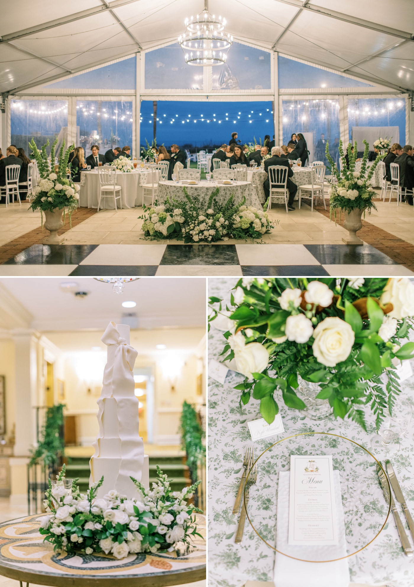 Tented reception space at the King and Prince Resort with green and white florals, patterned linens, and a black and white checkered dance floor 