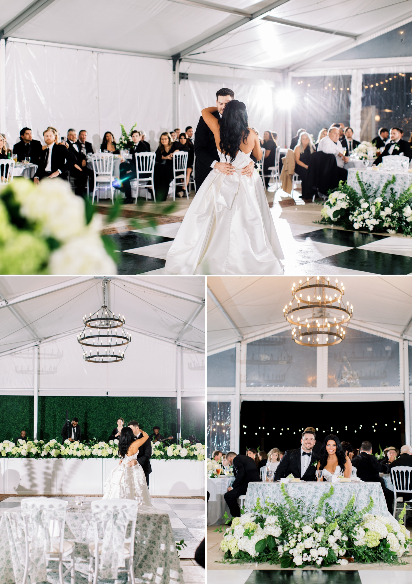 Bride and groom first dance at a tented wedding reception with checkered dance floor