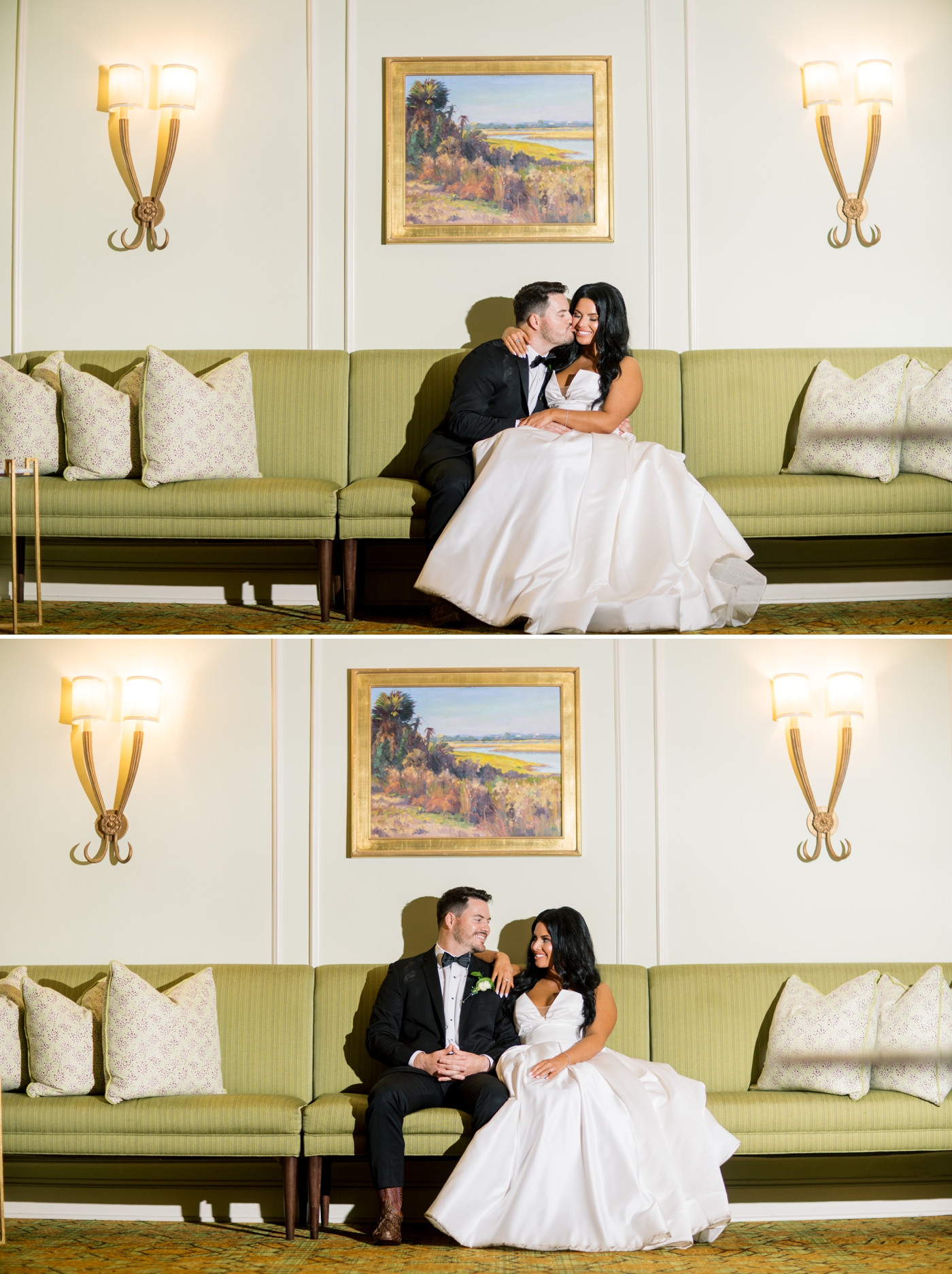 Bride and groom newlywed portraits with flash on green sofa at King and Prince Resort 