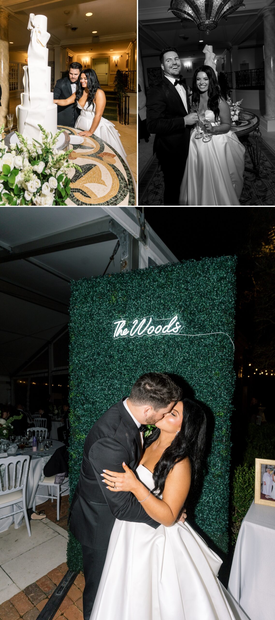 Bride and groom cutting massive six-tier wedding cake with fondant bow