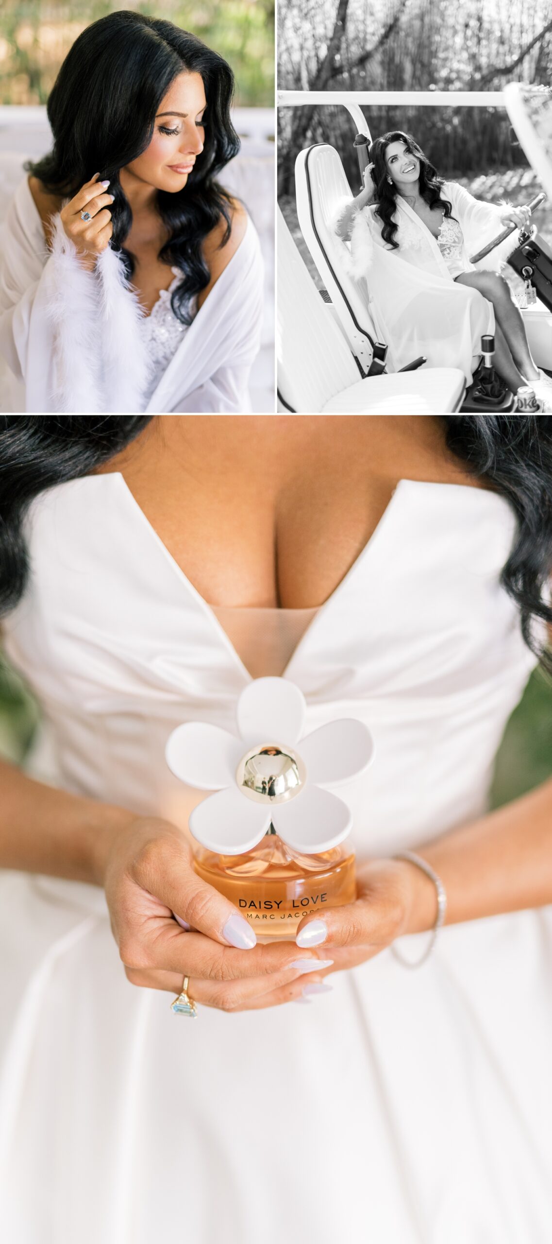 Bride wearing lingerie and feather robe in a MOKE car