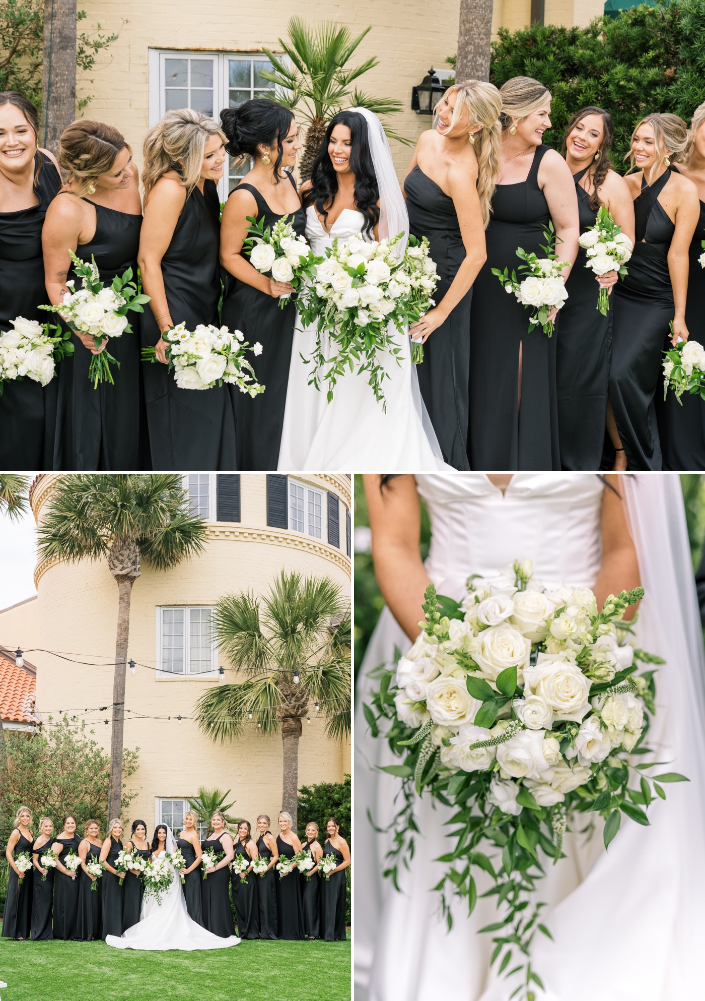 Bride with 13 bridesmaids wearing black dresses