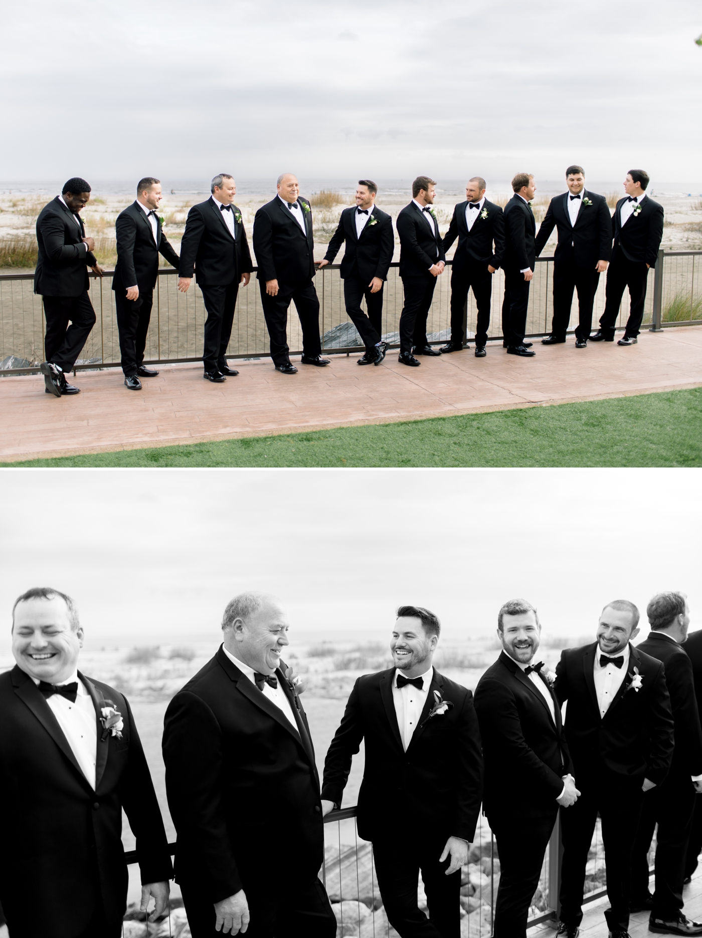 Groom and nine groomsmen leaning against railing with ocean in background 