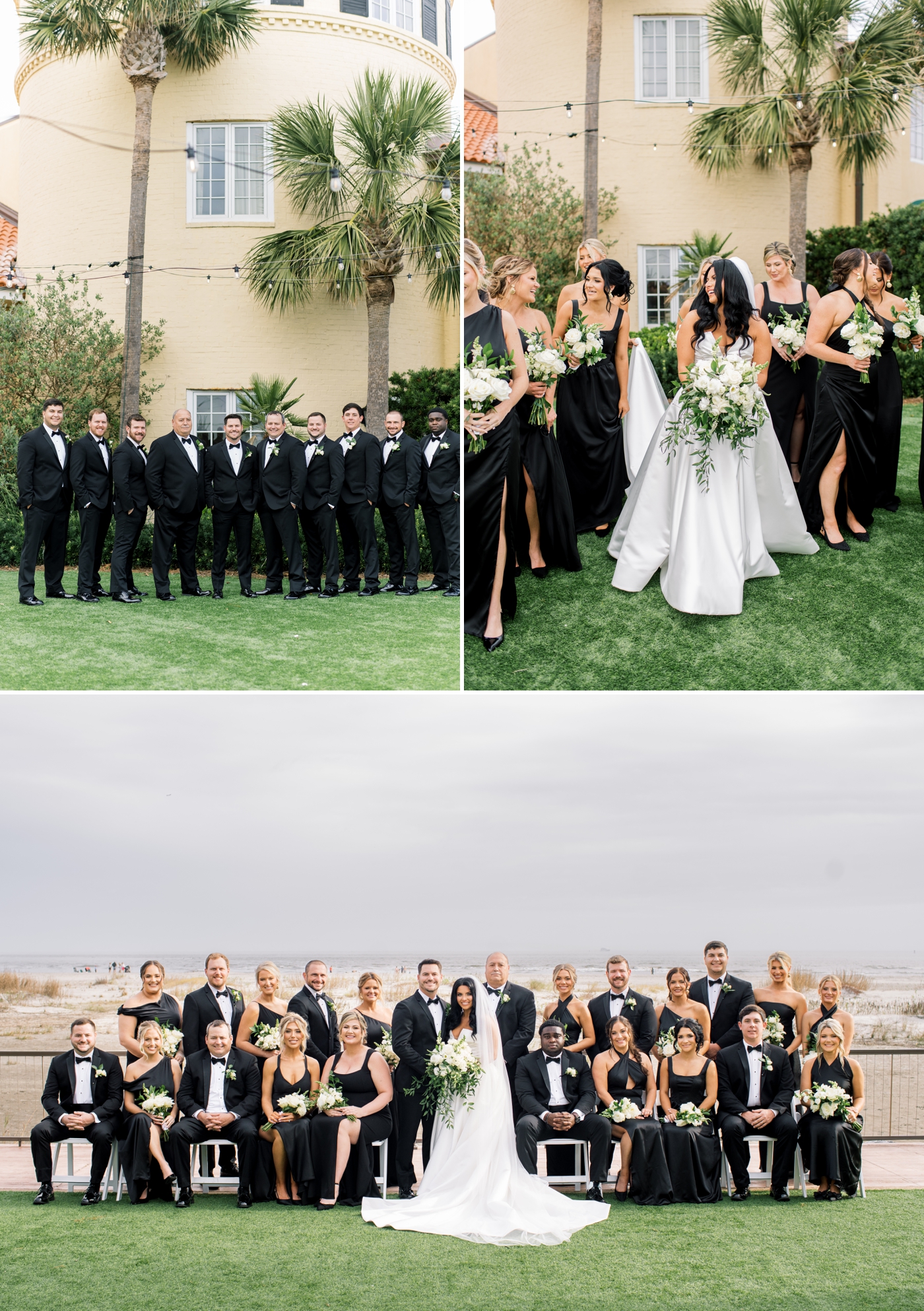 Bride and groom with large bridal party all wearing black 