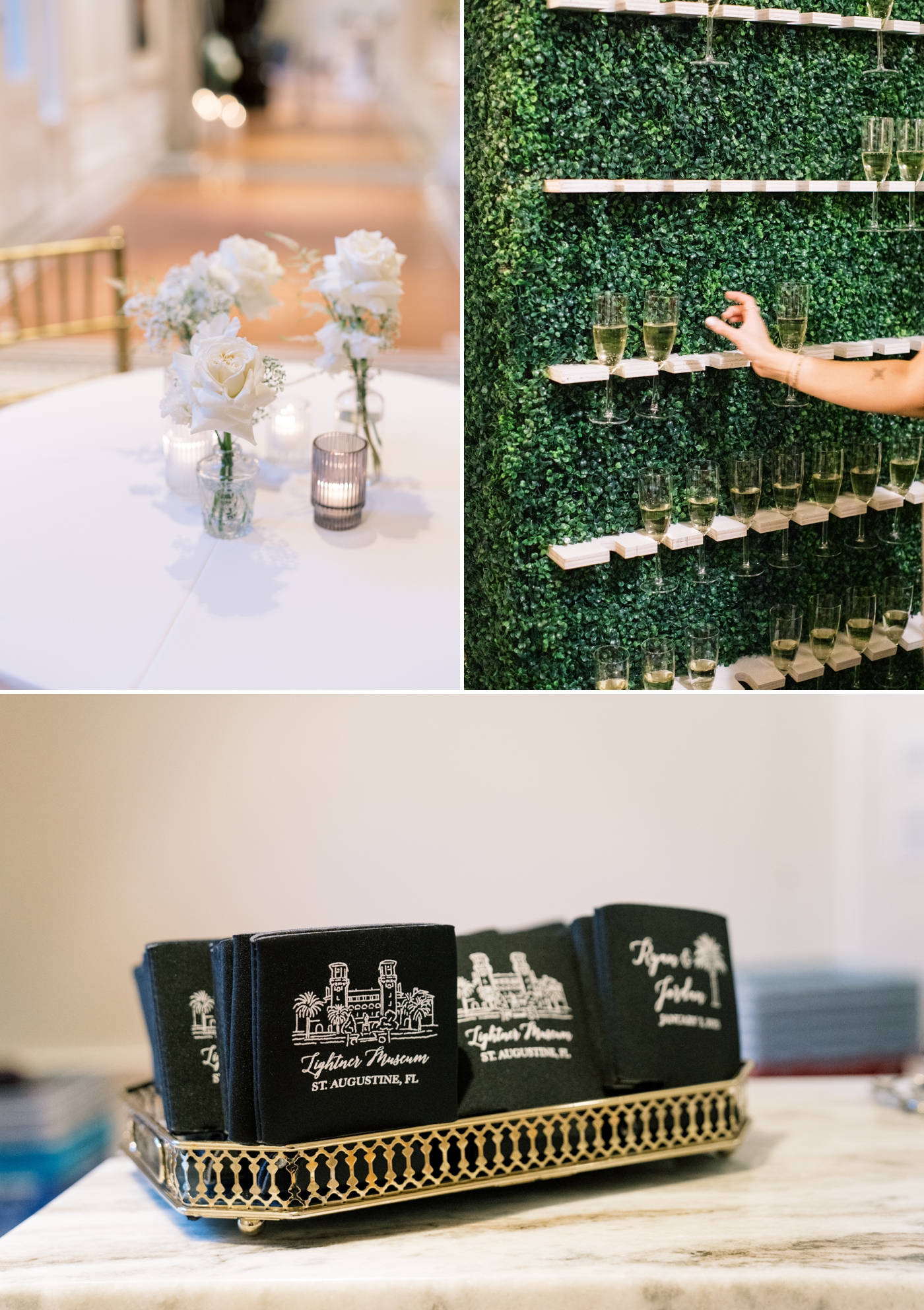 Black drink koozies with illustration of the lightner museum and text "Lightner Museum, St. Augustine, FL" 